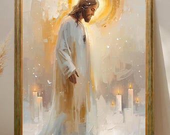 Cuadro de Jesús, arte mural católico digital, Cristo en paz, arte mural religioso cristiano imprimible, decoración para sala de estar, regalo de inauguración de casa