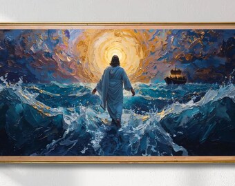 Jesus Painting, Faith over Fear, Thick Impasto Printable Christian Wall Art for Living Room, Religious Housewarming Gift, Digital Download