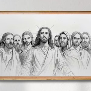 Puede incluir: Impresión artística de boceto a lápiz de un grupo de hombres, enmarcada en un marco de madera dorado. La figura central tiene pelo largo y barba, con un diseño en forma de halo sobre su cabeza. Los otros hombres están posicionados a su alrededor.