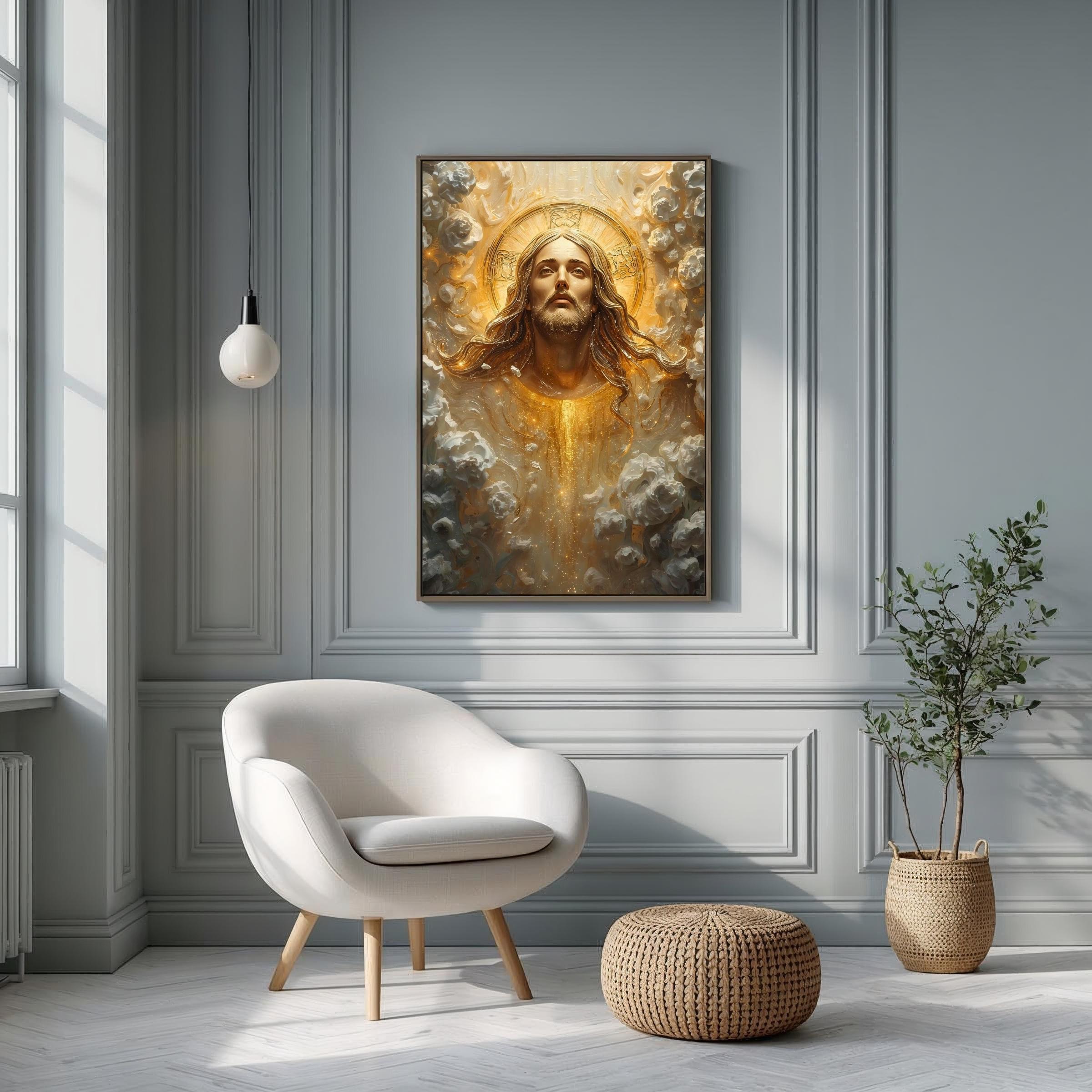 Jesus Poster Religious Wall Art, Abstract Christ in Heaven Impasto ...