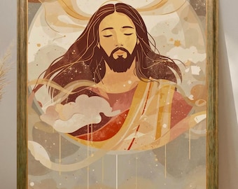 Jesus Poster Catholic Wall Art, Christ in the Clouds Boho Style Printable Christian Artwork, Housewarming Gift, Digital Download