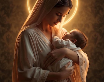 日本の聖母マリアと幼子イエスの印刷可能な壁アート、東アジアの聖母子