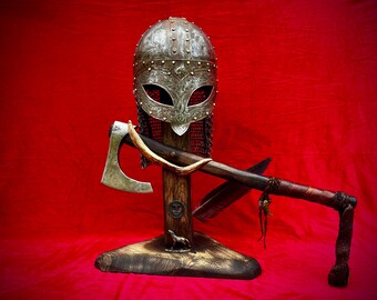 Viking Helmet & Axe on Yggdrasil Oak | Norse Mythology Collector Item | Thor’s Hammer Necklace | Fenrir Wolf Base