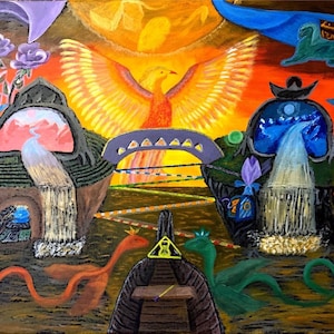 Può includere: Un dipinto astratto con una fenice vibrante con le ali spiegate, sullo sfondo di un tramonto. L'opera d'arte include elementi architettonici, cascate e creature mitiche in un paesaggio colorato e onirico.