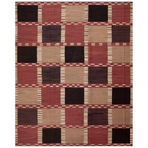 Rustic Modern Contemporary Flatwoven Brown and Rust Scandinavian Swedish Design Kilim Rug - 100 % pure wool. Handmade. Multicolor.