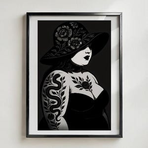 Gothic Tattoo Art Print: Edgy Woman with Black Flower Hat (Digital Download
