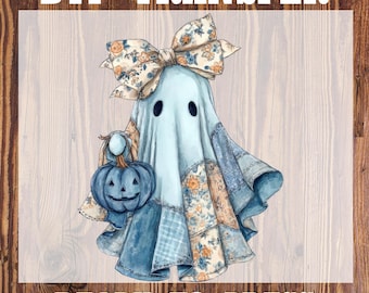 May include: DTF transfer featuring a whimsical ghost design. The ghost is light blue with patchwork details and a floral bow. It holds a blue pumpkin. The text "DTF TRANSFER" and "READY TO PRESS" are at the top and bottom.