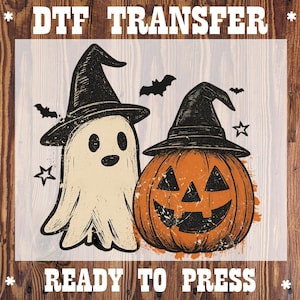 May include: DTF TRANSFER image featuring a Halloween design. The design includes a ghost wearing a witch hat, a jack-o'-lantern with a witch hat, bats, and stars. The text "READY TO PRESS" is also included in the image.