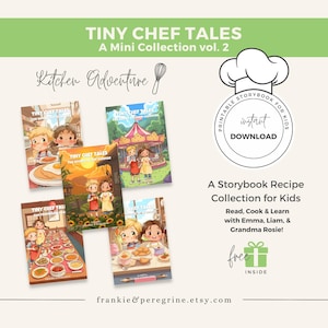 Pode incluir: Uma coleção de livros de histórias infantis intitulada "Tiny Chef Tales" com ilustrações coloridas. Os livros fazem parte de uma mini coleção, com várias aventuras e receitas de cozinha. A imagem também inclui texto que diz "Download instantâneo" e "A Storybook Recipe Collection for Kids".