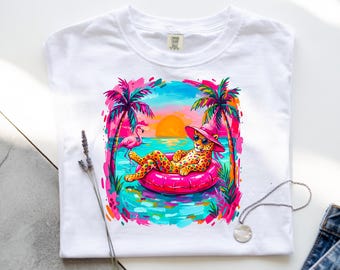 Leopardo tropical PNG / Diseño de sublimación para vacaciones de verano / Gráfico de guepardo rosa al atardecer en la playa / Descarga digital tropical retro