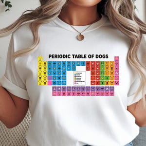 Puede incluir: Camiseta blanca con un gráfico colorido de la "Tabla Periódica de Perros". El diseño presenta diferentes razas de perros en una cuadrícula, con texto. Es una prenda casual para el uso diario.