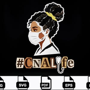 Może przedstawiać: Cyfrowa ilustracja osoby w masce na twarz i z fryzurą w postaci koka, z żółtą gumką do włosów. Tekst "#CNALife" jest wyświetlany poniżej obrazu, wraz z grafiką stetoskopu. Tło jest czarne.