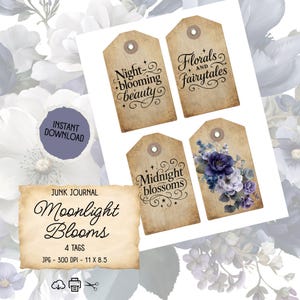 Peut inclure: Téléchargement numérique avec quatre étiquettes de style vintage sur les thèmes floraux et botaniques. Les étiquettes portent les inscriptions "Night-blooming beauty", "Florals and fairytales" et "Midnight blossoms". La quatrième étiquette a un motif floral.