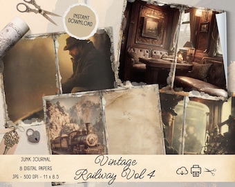 Vintage Railroad Vol 4 Junk Journal Digital Papers, Instant Download, 8 Steampunk Train Ephemera, Antique Railway Scrapbook, Printable
