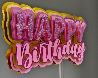 Happy Birthday Cake Topper – Elegant Birthday Decoration – Handmade Party Decor – Pink and Soft Colors - Cake decoration-Decora. topper