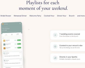 Hochzeitsmusik ohne DJ | Individuelle Spotify-Playlists für Empfang, Cocktailstunde, Willkommensparty und das gesamte Wochenende | Handverlesene digitale Musik