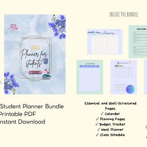 Peut inclure: Un ensemble de planificateur étudiant 2026 avec une couverture aquarelle bleue ornée de fleurs, d'une calculatrice et d'icônes de livres. Le lot comprend des pages PDF imprimables pour un calendrier, un planning hebdomadaire et un budget.