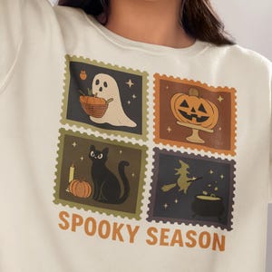 Dames vintage stempelkaart Halloween-sweater, spookachtige sfeer, gezellige katoenmix, verjaardagscadeau