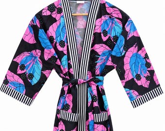 Colorful Floral Kimono Robe, Black Background, Pink Blue Flowers, Cotton Lounge Wear