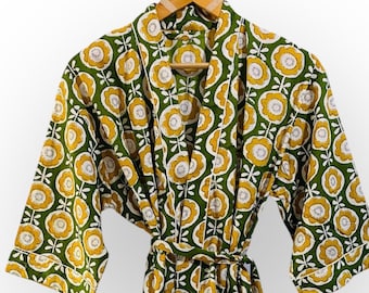 Floral Cotton Wrap Robe, Green & Yellow Print, Lightweight Loungewear