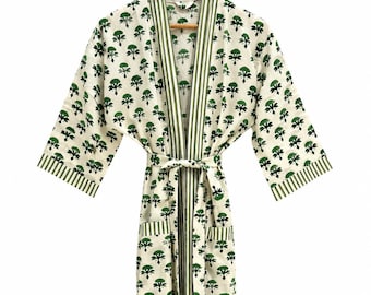 Handmade Green Floral Cotton Kimono Robe, Indian Block Print Lounge Wear