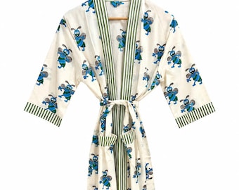 Bee Print Kimono Robe, Cotton Lounge Wrap, Striped Trim, Handmade Spa Gown
