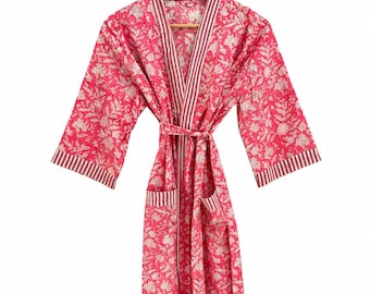 Pink Floral Cotton Kimono Robe, Lightweight Lounge Wear, Bridal Spa Gown
