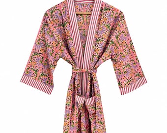 Pink Floral Kimono Robe, Long Cotton Wrap Dressing Gown, Spa Lounge Wear