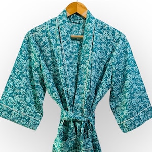 Teal Floral Cotton Kimono Robe: Lightweight Boho Loungewear