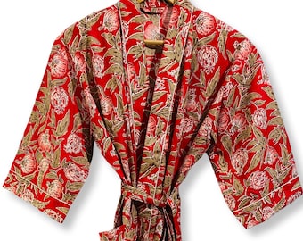 Boho Red Floral Cotton Wrap Robe, Handmade Block Print Dressing Gown