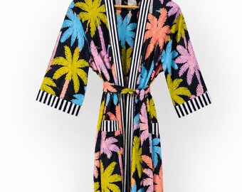Colorful Palm Leaf Kimono Robe, Tropical Lounge Dressing Gown, Handmade Spa Robe