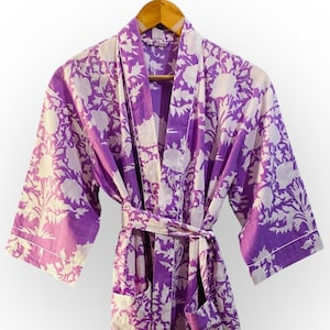 Organic Cotton Floral Kimono Robe: Purple Cream Print, Artisan Spa Wear