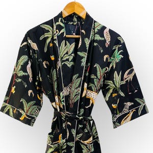 Organic Cotton Kimono Robe: Black Jungle Print Safari Loungewear