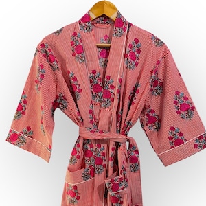 Red Floral Cotton Kimono Robe: Lightweight Boho Loungewear