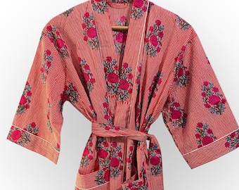 Red Floral Cotton Wrap Robe, Lightweight Boho Loungewear