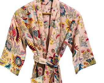 Floral Print Cotton Wrap Robe, Handmade Boho Loungewear