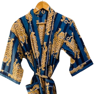 Blue Tiger Print Cotton Kimono Robe: Boho Spa Lounge Wear