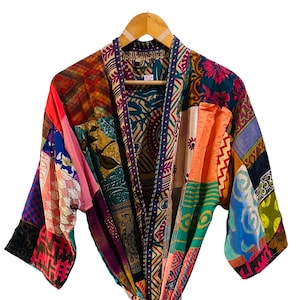 Boho Patchwork Kimono Robe: Recycled Sari Silk Festival Duster