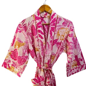 Pink Safari Kimono Robe: Cotton Animal Print Loungewear (S-2XL)