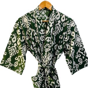 Green Ikat Cotton Kimono Robe: Handmade Boho Loungewear
