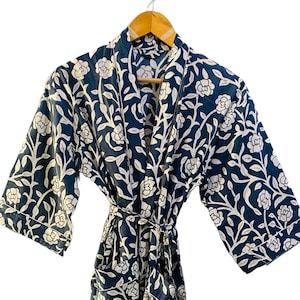 Blue Floral Cotton Kimono Robe: Boho Loungewear, Spa Gown