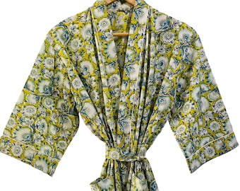 Yellow Floral Cotton Wrap Robe, Hand Block Print Lounge Robe
