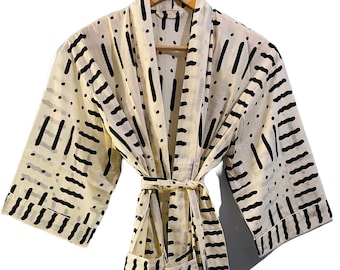 Mudcloth Print Cotton Wrap Robe, Handmade Boho Lounge Robe