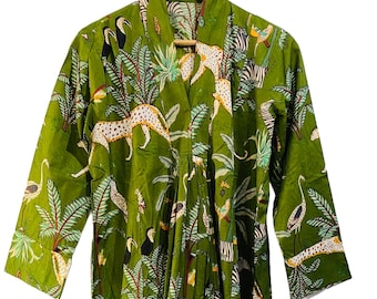 Boho Jungle Kimono Robe – Organic Cotton, Belt-Free, Safari Animal Print – Handmade Lounge Robe for Women | Plus size dressing gown