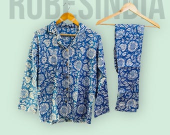 ブルーフローラルコットンパジャマセット、ハンドブロックプリントラウンジウェア