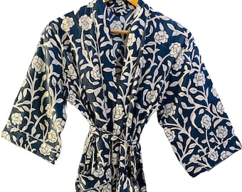 Handmade Floral Block Print Cotton Wrap Robe, Lightweight Loungewear