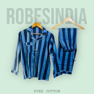 Handmade Blue Striped Cotton Pajama Set: Soft Unisex Sleepwear