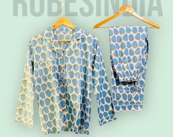 Blue Hand Block Print Cotton Pajama Set: Indian Sleepwear