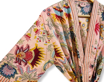 Floral Cotton Wrap Robe, Lightweight Block Print Dressing Gown