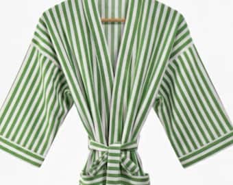 Green Striped Cotton Wrap Robe, Lightweight Spa & Lounge Wear